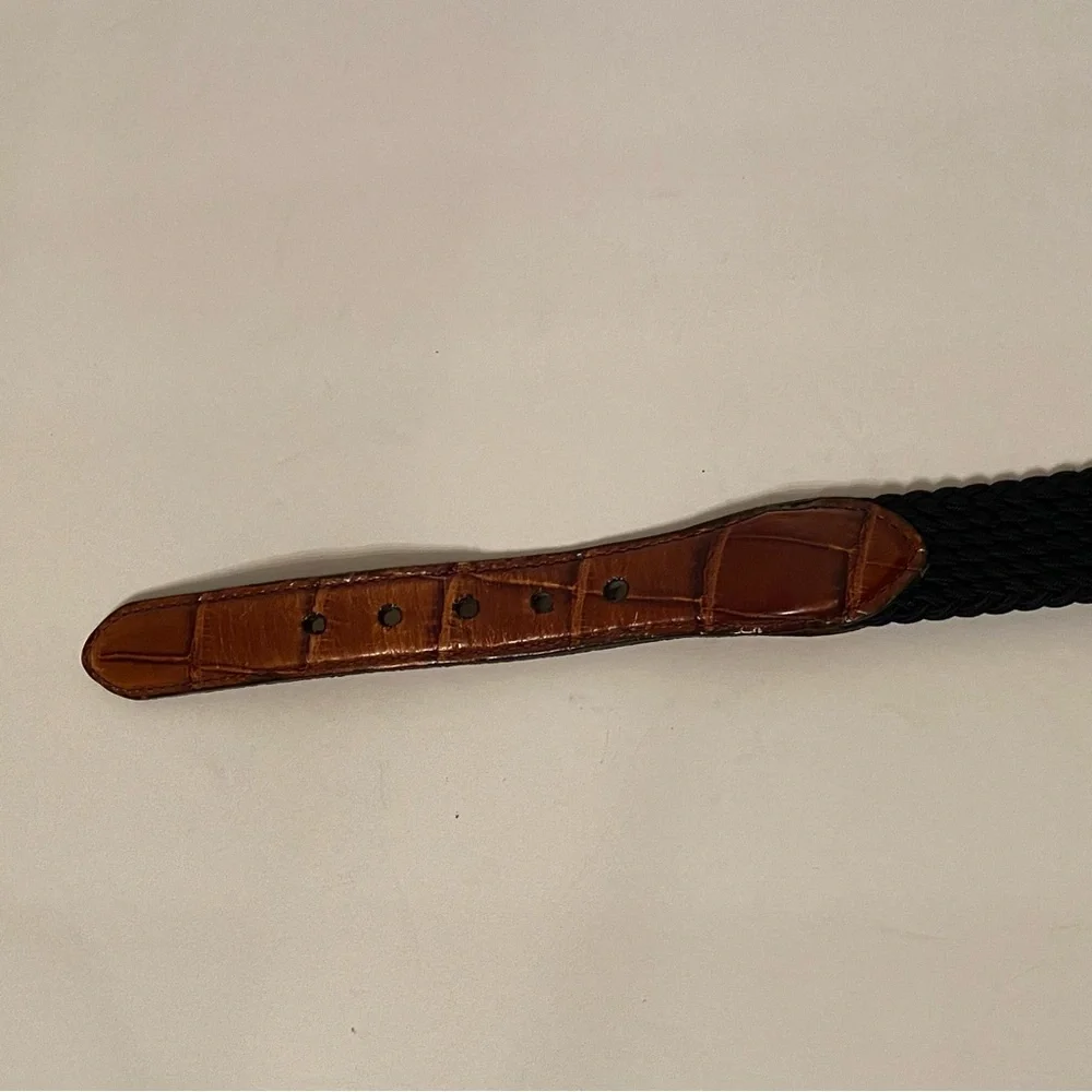 BRIGHTON MENS BELT NAVY BLUE BRAIDED CORD BROWN CROC LOOK LEATHER SIZE 36 USA
